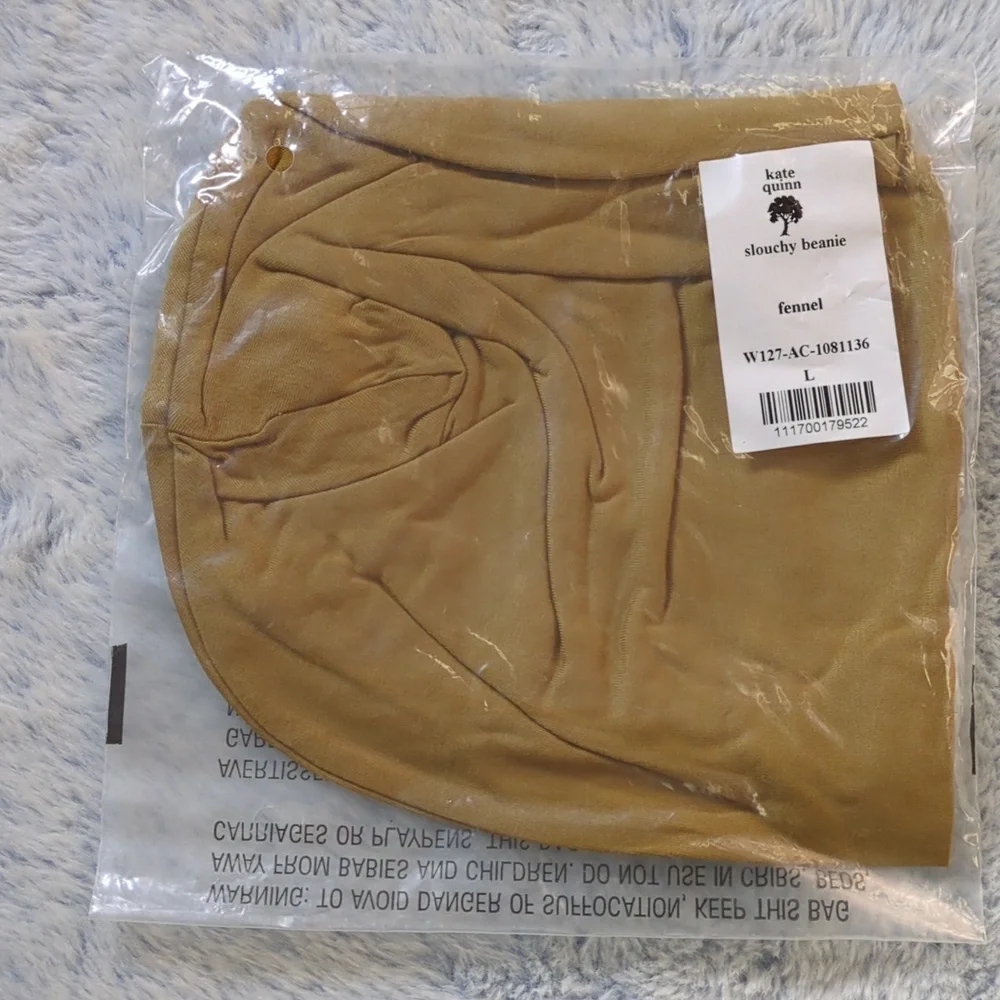 NWT Sz L Kate Quinn Organics Slouchy Beanie Hat Bamboo Fennel Gold Tan